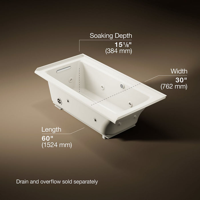 KOHLER K-1947-LW Archer 60" x 30" alcove whirlpool bath with Bask heated surface, left drain, biscuit - view 5