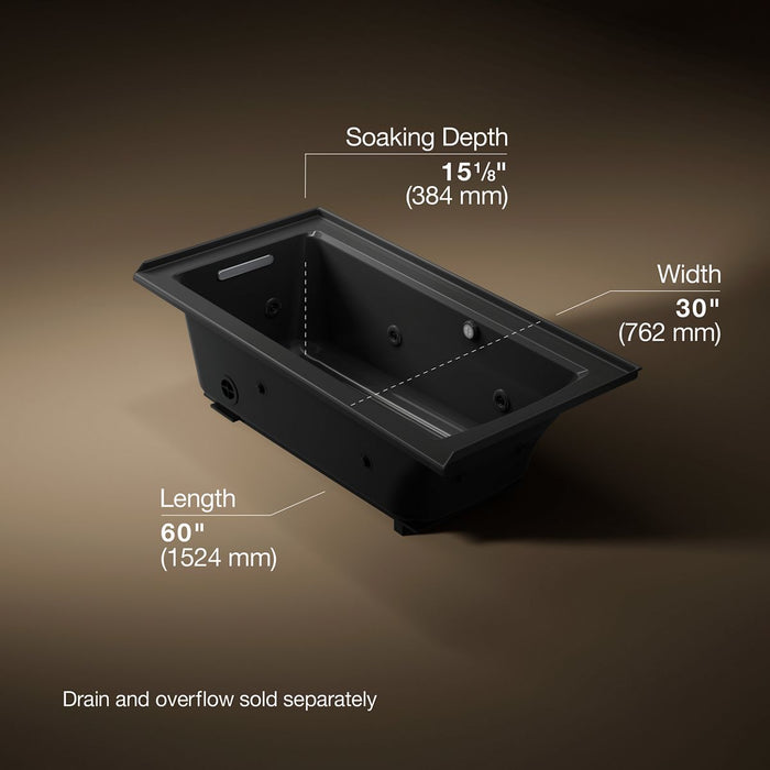 KOHLER K-1947-LW Archer 60" x 30" alcove whirlpool bath with Bask heated surface, left drain, black black - view 5