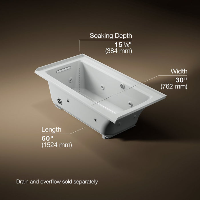 KOHLER K-1947-LW Archer 60" x 30" alcove whirlpool bath with Bask heated surface, left drain, ice grey - view 5
