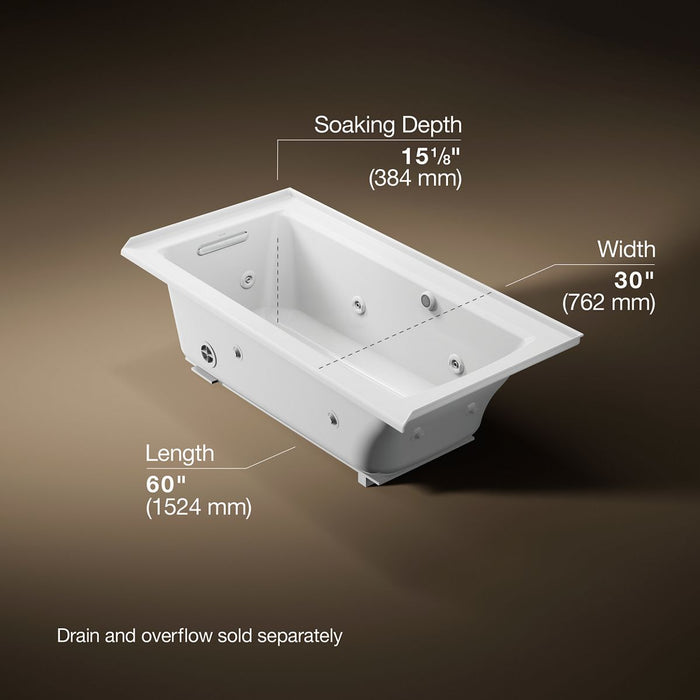 KOHLER K-1947-LW Archer 60" x 30" alcove whirlpool bath with Bask heated surface, left drain, white - view 5