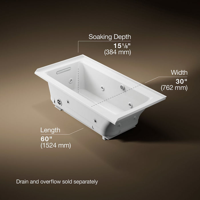 KOHLER K-1947-XHGHL Archer 60" x 30" alcove Heated BubbleMassage air bath and whirlpool, left drain, white - view 5