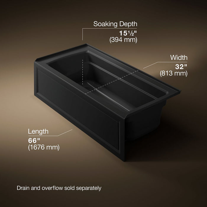 KOHLER K-1949-GHRA Archer 66" x 32" alcove Heated BubbleMassage air bath, right drain, black black - view 4
