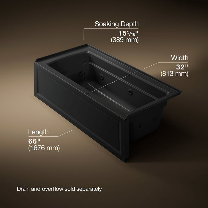 KOHLER K-1949-HRA Archer 66" x 32" alcove heated whirlpool, right drain, black black - view 5