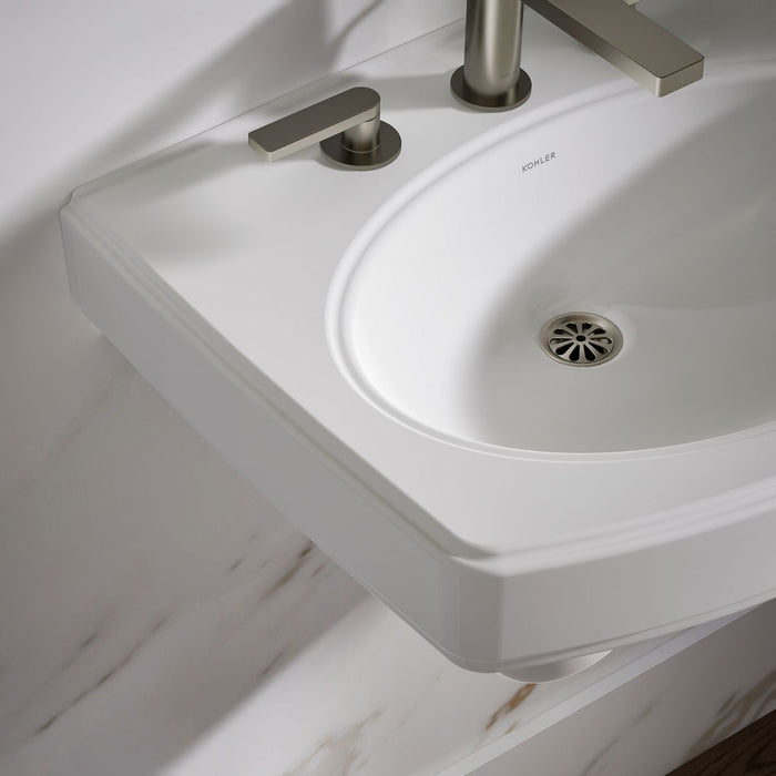 KOHLER K-2035-8 Pinoir 22" Oval Wall-mount Bathroom Sink, White - Shows close up detail of product in room