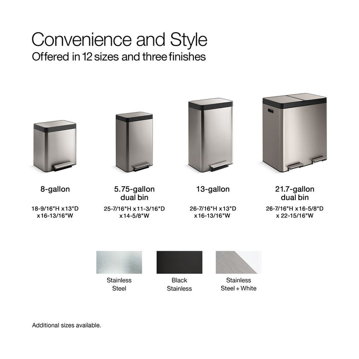 KOHLER K-20940 13-gallon stainless steel step trash can