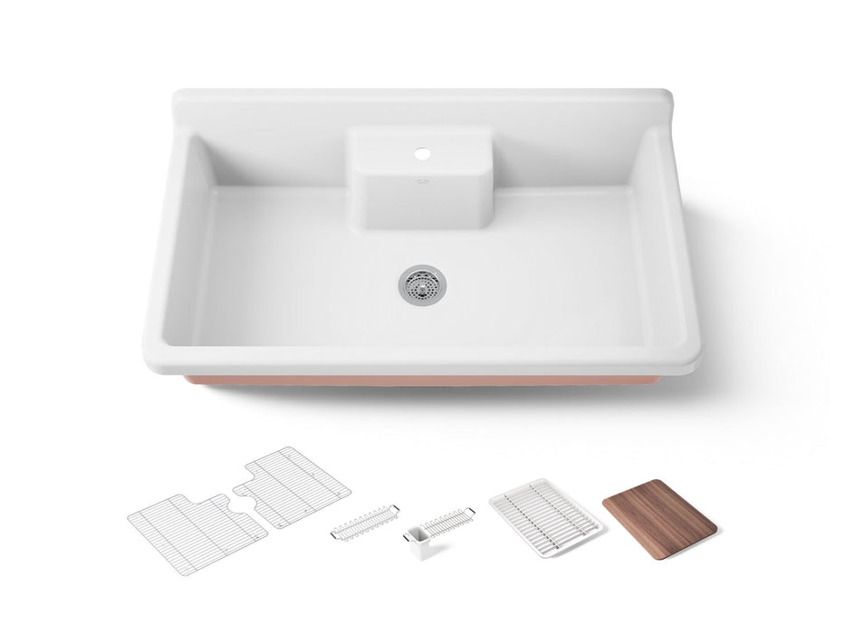 KOHLER K-21103-1HPPB Farmstead 45" top-/wall-mount single-bowl workstation farmhouse kitchen sink, 150th peachblow