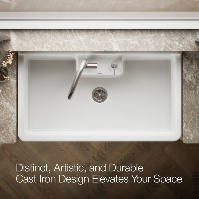 KOHLER K-21103-2HW Farmstead 45" top-/wall-mount single-bowl workstation farmhouse kitchen sink, white - view 3
