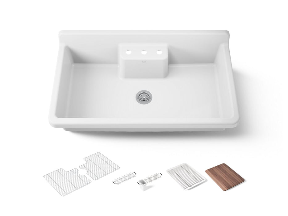 KOHLER K-21103-3HW Farmstead 45" top-/wall-mount single-bowl workstation farmhouse kitchen sink, white