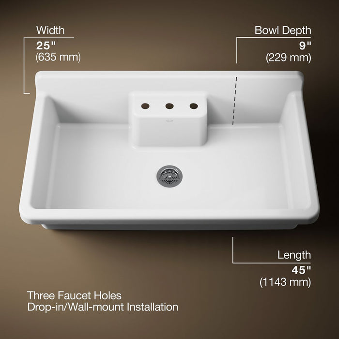 KOHLER K-21103-3HW Farmstead 45" top-/wall-mount single-bowl workstation farmhouse kitchen sink, white - view 5