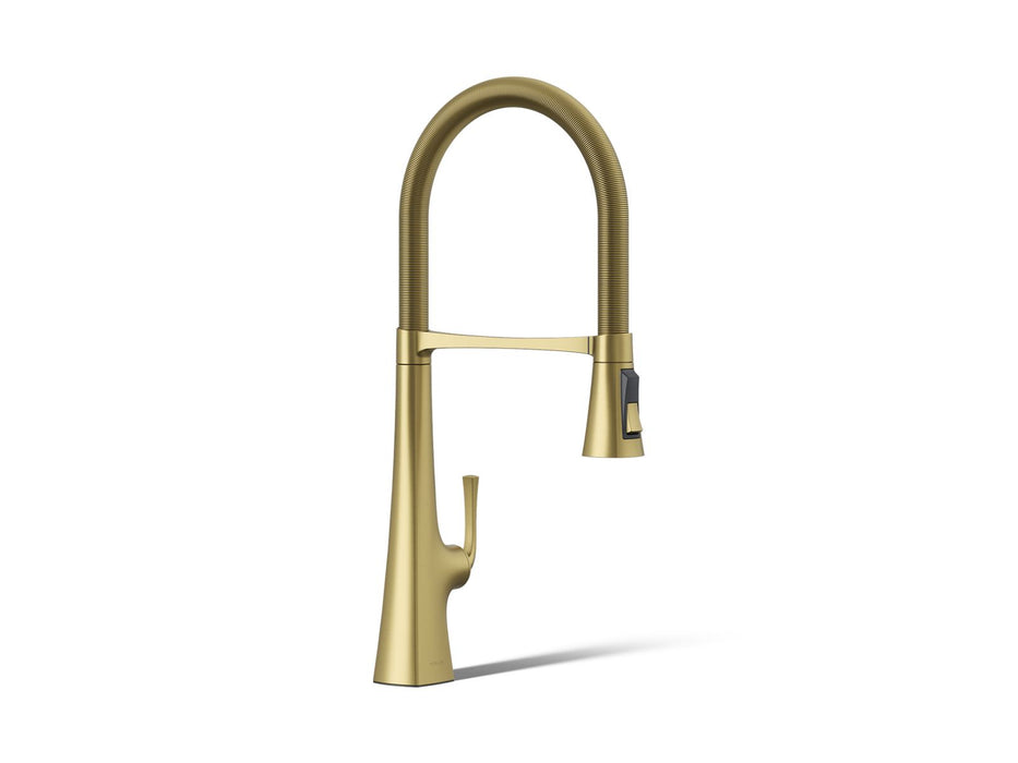 KOHLER K-22060 Graze Semi-professional kitchen sink faucet with three-function sprayhead, vibrant brushed moderne brass