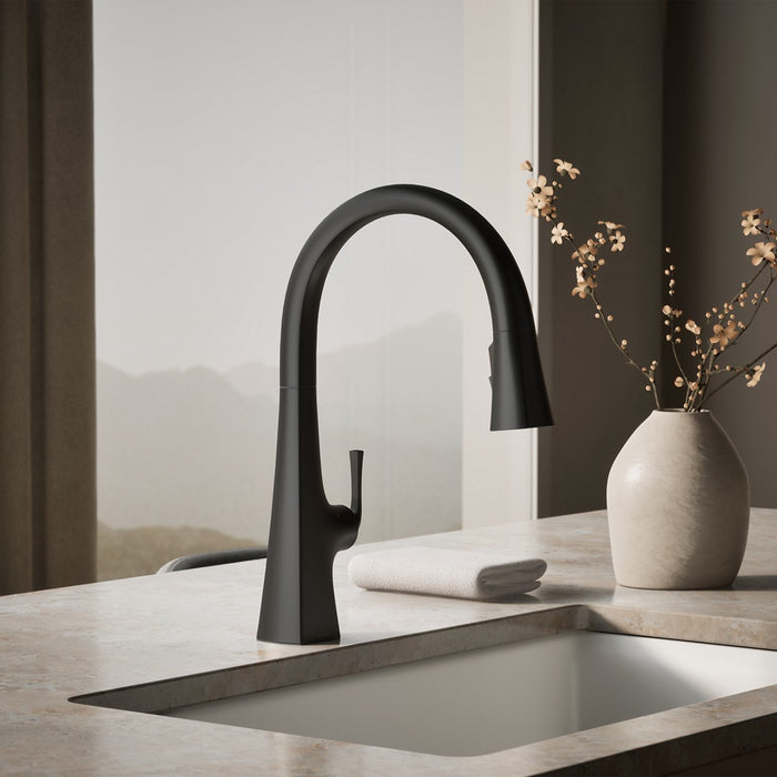 KOHLER K-22068 Graze Touchless pull-down kitchen sink faucet with three-function sprayhead, matte black - view 3