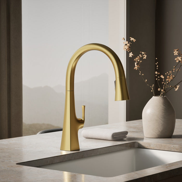 KOHLER K-22068 Graze Touchless pull-down kitchen sink faucet with three-function sprayhead, vibrant brushed moderne brass...