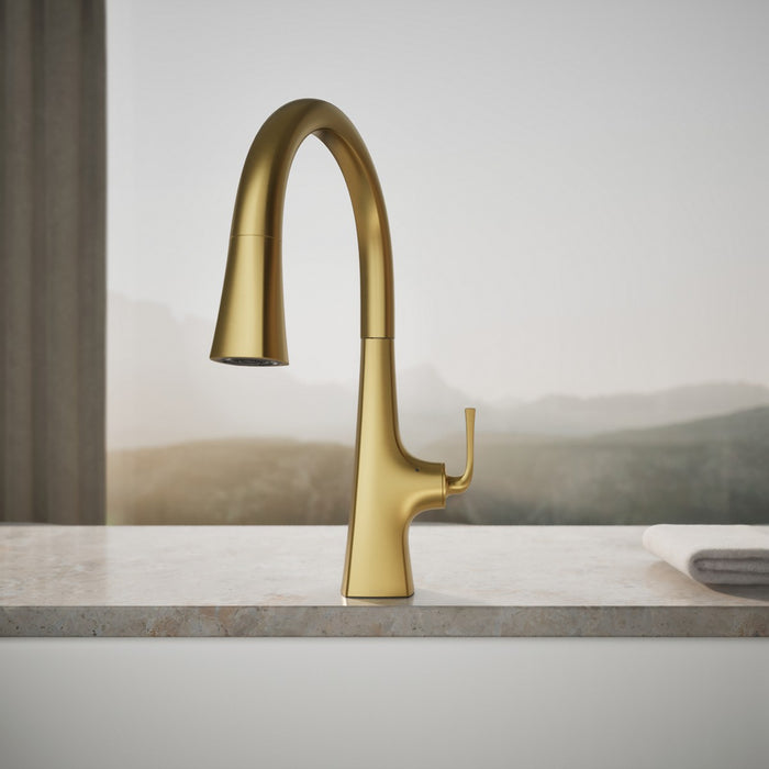 KOHLER K-22068 Graze Touchless pull-down kitchen sink faucet with three-function sprayhead, vibrant brushed moderne brass...