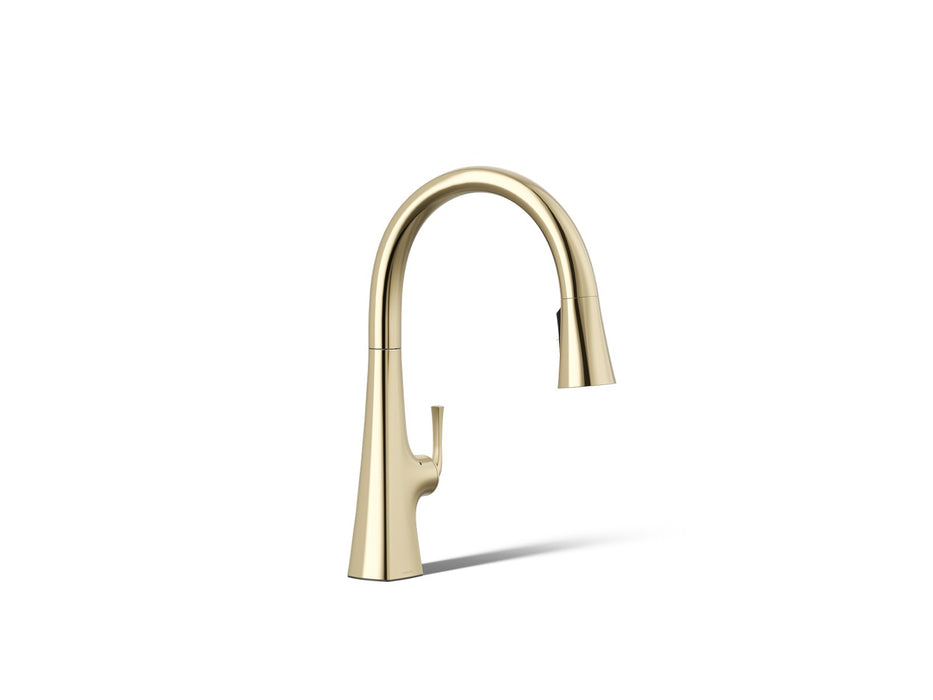 KOHLER K-22068 Graze Touchless pull-down kitchen sink faucet with three-function sprayhead, vibrant french gold