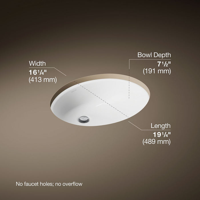 KOHLER K-2210-G Caxton 19-1/4" oval undermount bathroom sink with glazed underside, no overflow, white - view 3