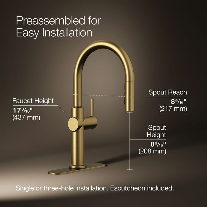 KOHLER K-22972 Crue Pull-down kitchen sink faucet with three-function sprayhead, vibrant brushed moderne brass - view 2