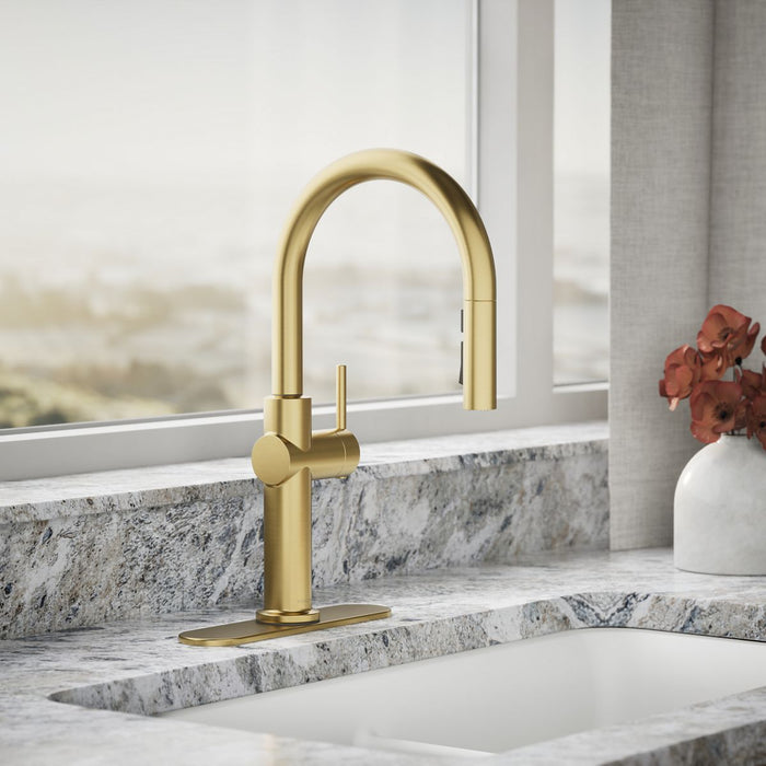 KOHLER K-22972 Crue Pull-down kitchen sink faucet with three-function sprayhead, vibrant brushed moderne brass - view 3