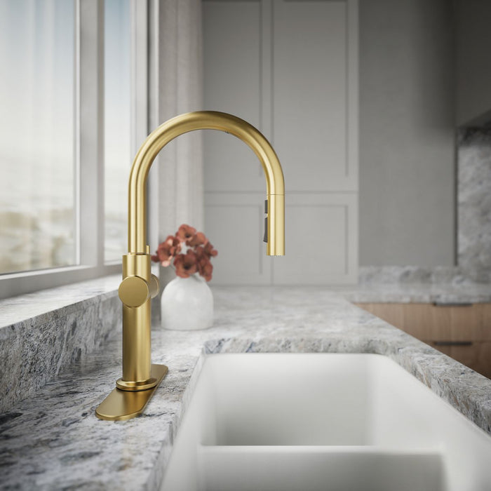 KOHLER K-22974 Crue Touchless pull-down kitchen sink faucet with three-function sprayhead, vibrant brushed moderne brass...