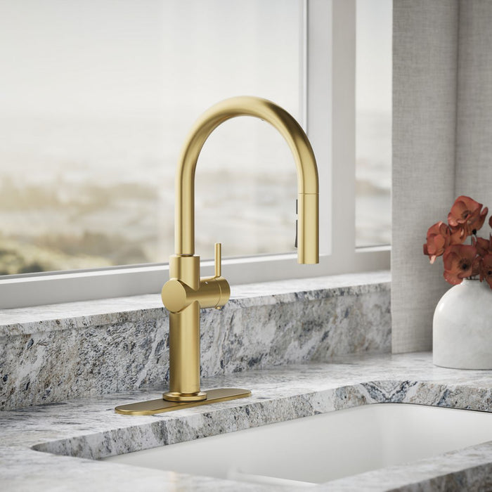 KOHLER K-22974 Crue Touchless pull-down kitchen sink faucet with three-function sprayhead, vibrant brushed moderne brass...