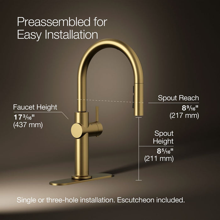 KOHLER K-22974 Crue Touchless pull-down kitchen sink faucet with three-function sprayhead, vibrant brushed moderne brass...