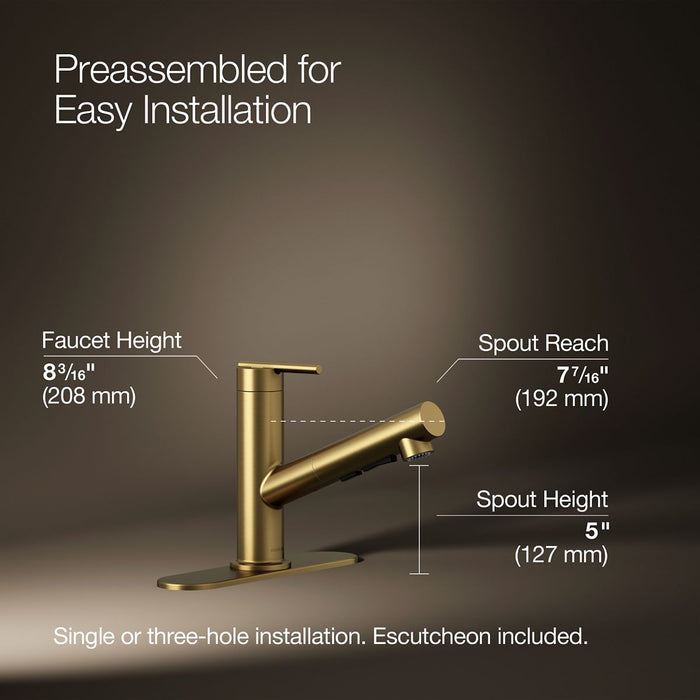 KOHLER K-22976 Crue Pull-out kitchen sink faucet with three-function sprayhead, vibrant brushed moderne brass - view 5