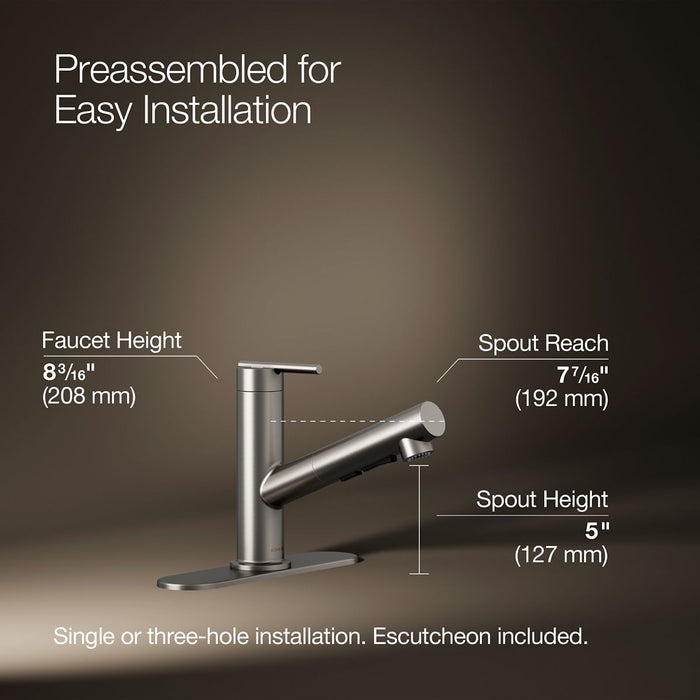 KOHLER K-22976 Crue Pull-out kitchen sink faucet with three-function sprayhead, vibrant stainless - view 5