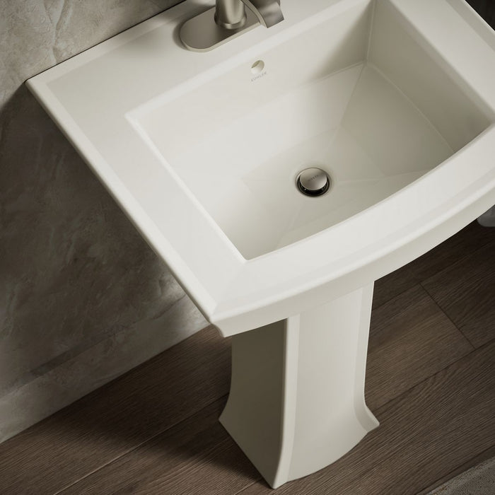 KOHLER K-2359-4 Archer 24" Rectangular Pedestal Bathroom Sink, Biscuit - Shows close up detail of product in room