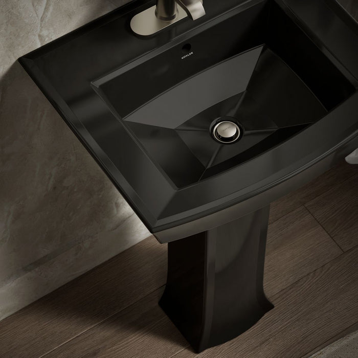 KOHLER K-2359-4 Archer 24" Rectangular Pedestal Bathroom Sink, Black Black - Shows close up detail of product in room