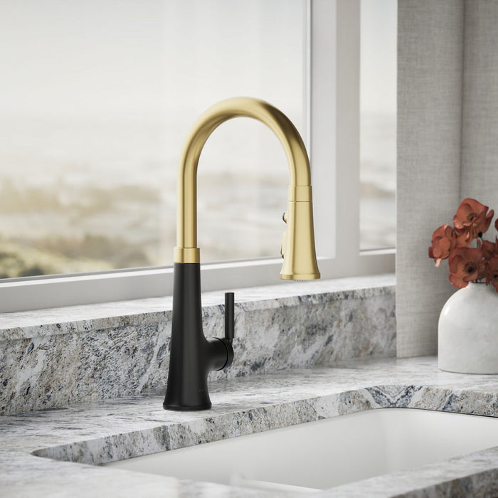 KOHLER K-23764 Tone Pull-down kitchen sink faucet with three-function sprayhead, matte black with brushed moderne brass -...
