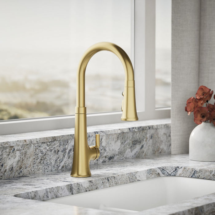 KOHLER K-23766 Tone Touchless pull-down kitchen sink faucet with three-function sprayhead, vibrant brushed moderne brass...