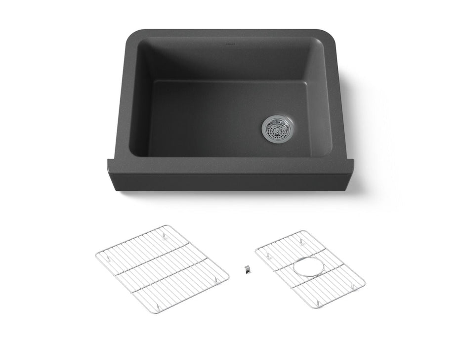 KOHLER K-25785 Cairn 29-3/4" undermount single-bowl farmhouse kitchen sink with short apron, matte graphite