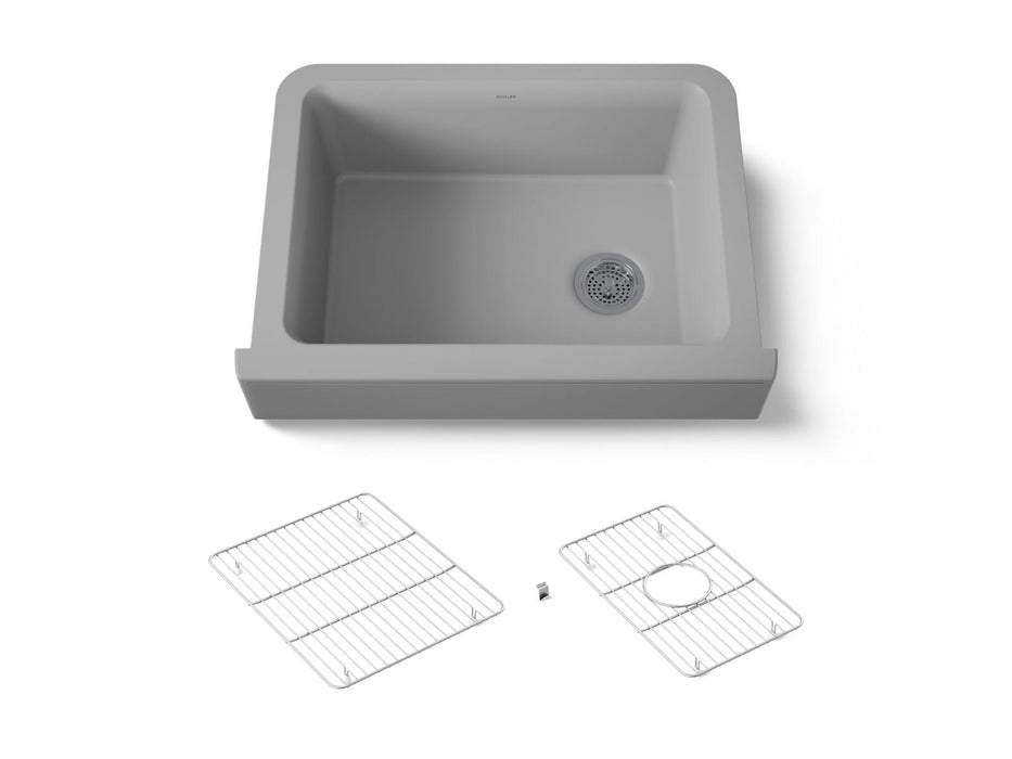 KOHLER K-25785 Cairn 29-3/4" undermount single-bowl farmhouse kitchen sink with short apron, matte grey