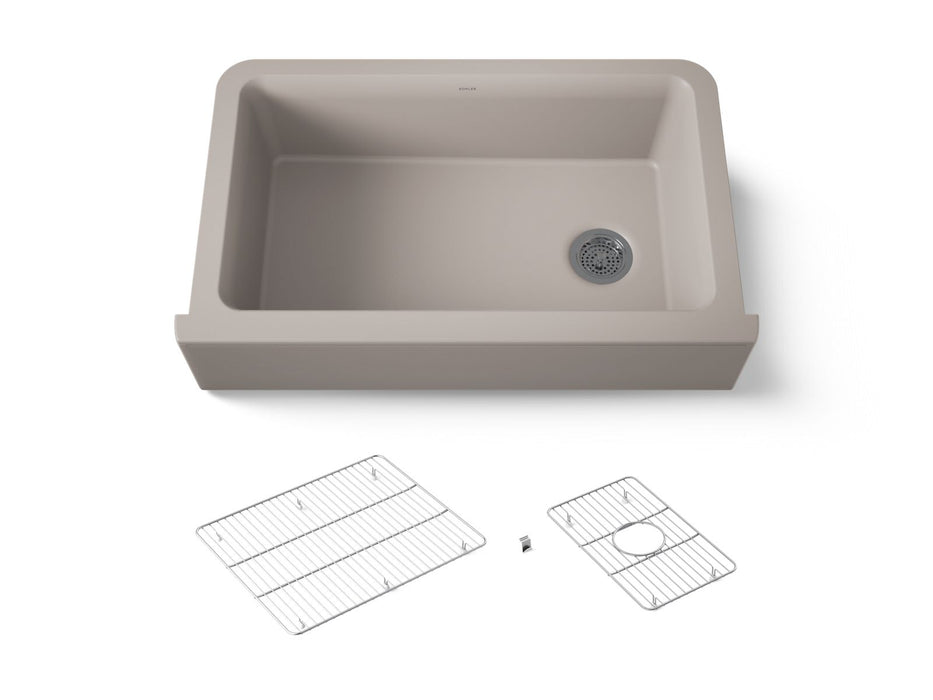 KOHLER K-25786 Cairn 34" undermount single-bowl farmhouse kitchen sink, matte taupe