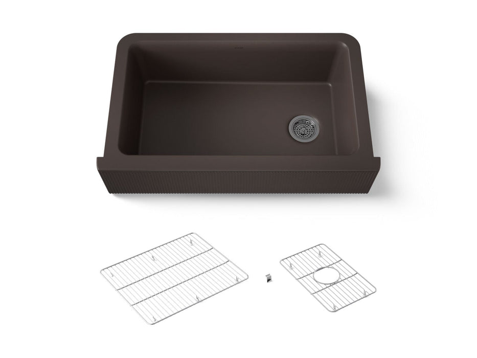 KOHLER K-25788 Cairn 34" undermount single-bowl farmhouse kitchen sink with fluted design, matte brown