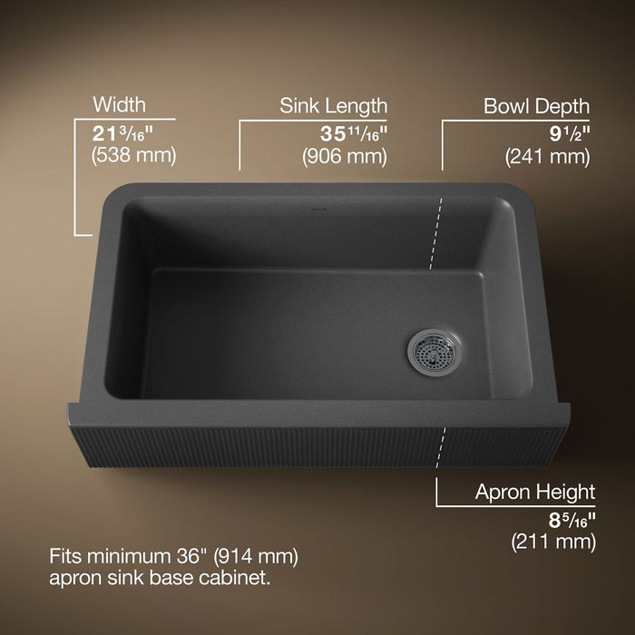KOHLER K-25788 Cairn 34" undermount single-bowl farmhouse kitchen sink with fluted design