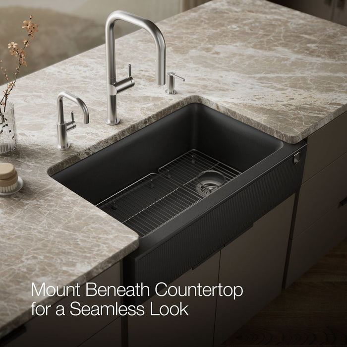 KOHLER K-25788 Cairn 34" undermount single-bowl farmhouse kitchen sink with fluted design