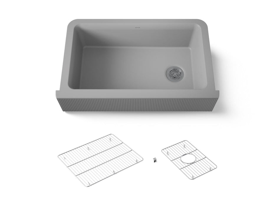 KOHLER K-25788 Cairn 34" undermount single-bowl farmhouse kitchen sink with fluted design, matte grey