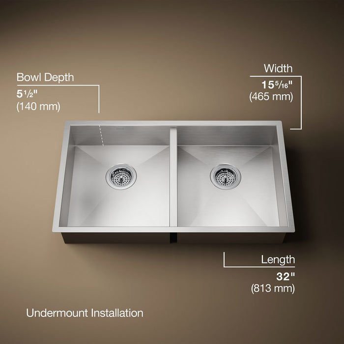 KOHLER K-25940 Vault 32" undermount double-bowl kitchen sink, stainless steel - view 5