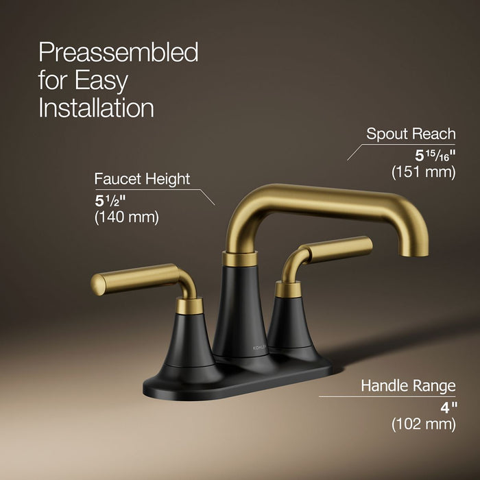 KOHLER K-27414-4 Tone Centerset bathroom sink faucet, 1.2 gpm, matte black with brushed moderne brass - view 3