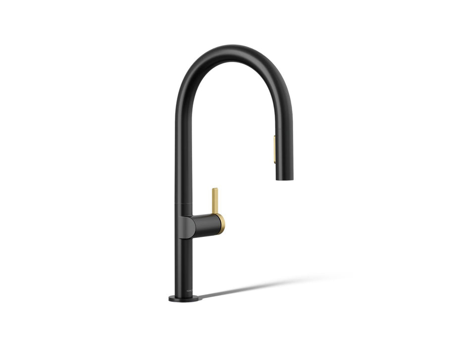 KOHLER K-28268 Components Pull-down kitchen sink faucet with two-function sprayhead, matte black with brushed moderne brass