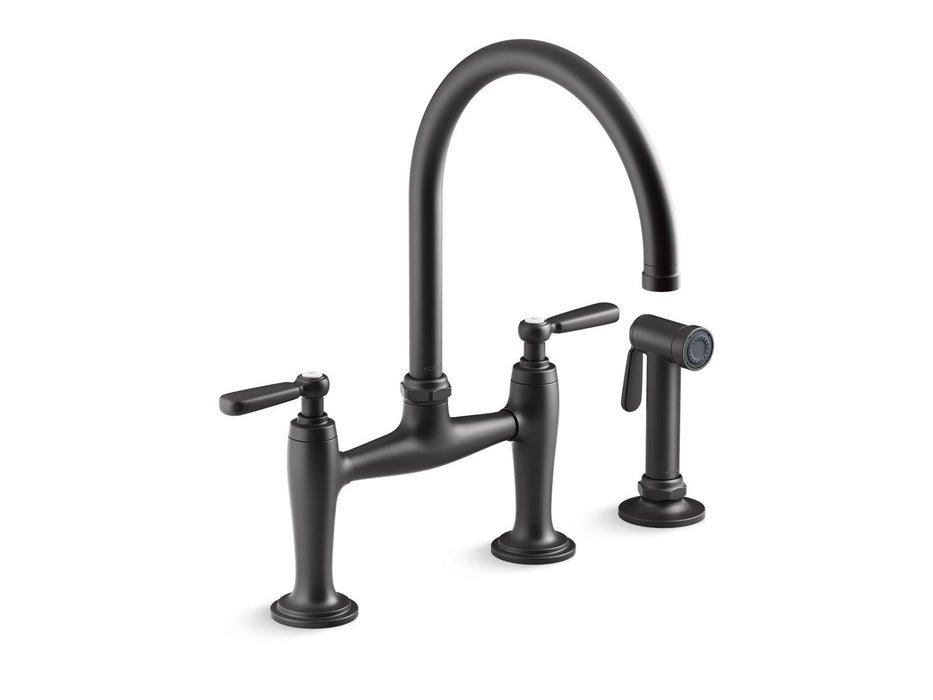 KOHLER K-28356 Edalyn by Studio McGee Two-hole bridge kitchen sink faucet with side sprayer, matte black