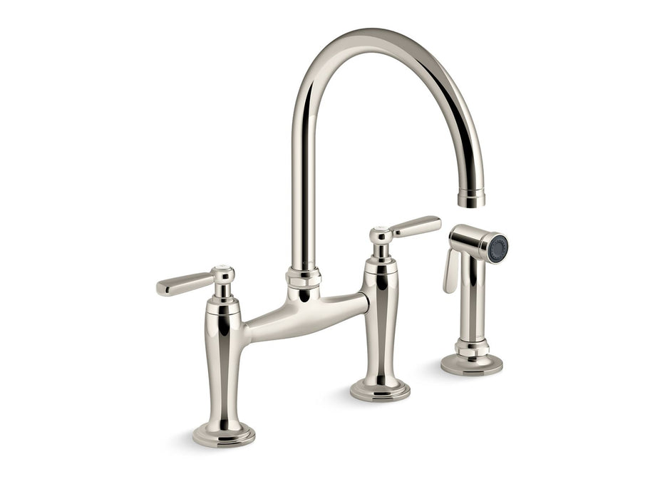KOHLER K-28356 Edalyn by Studio McGee Two-hole bridge kitchen sink faucet with side sprayer, vibrant polished nickel