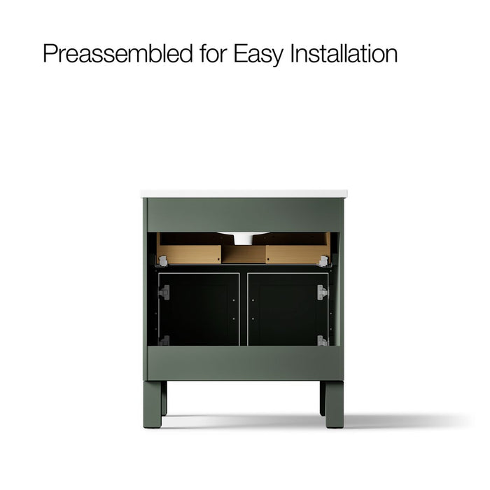 KOHLER K-28380-ASB Quo 30" Bathroom Vanity Cabinet with Sink and Quartz Top, Umbral Green - back view of product