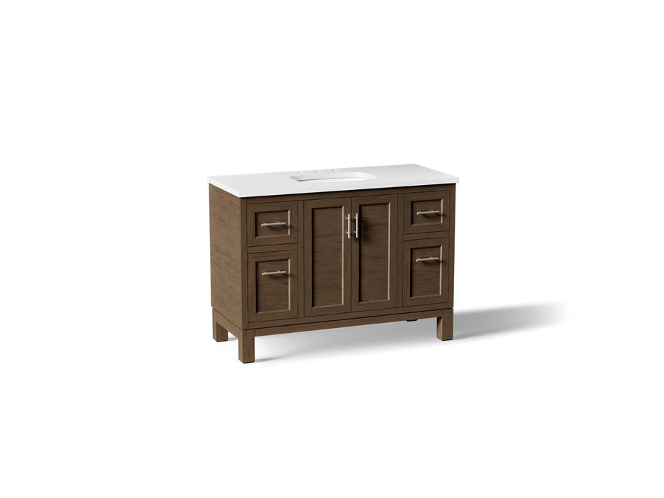 KOHLER K-28383-ASB Quo 48" Bathroom Vanity Cabinet with Sink and Quartz Top, Draper Oak - 3/4 view of product
