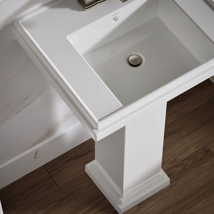 KOHLER K-2844-4 Tresham 24" Square Pedestal Bathroom Sink, White - Shows close up detail of product in room
