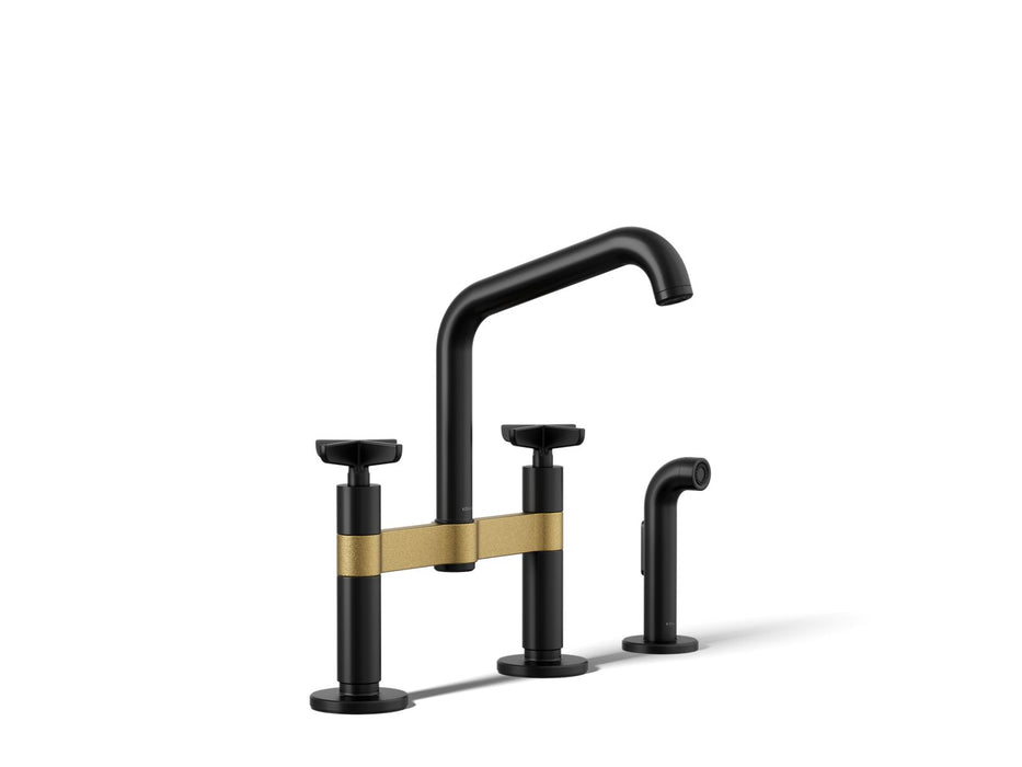 KOHLER K-28665-3 Billet Two-hole bridge kitchen sink faucet with side sprayer, matte black with brushed moderne brass