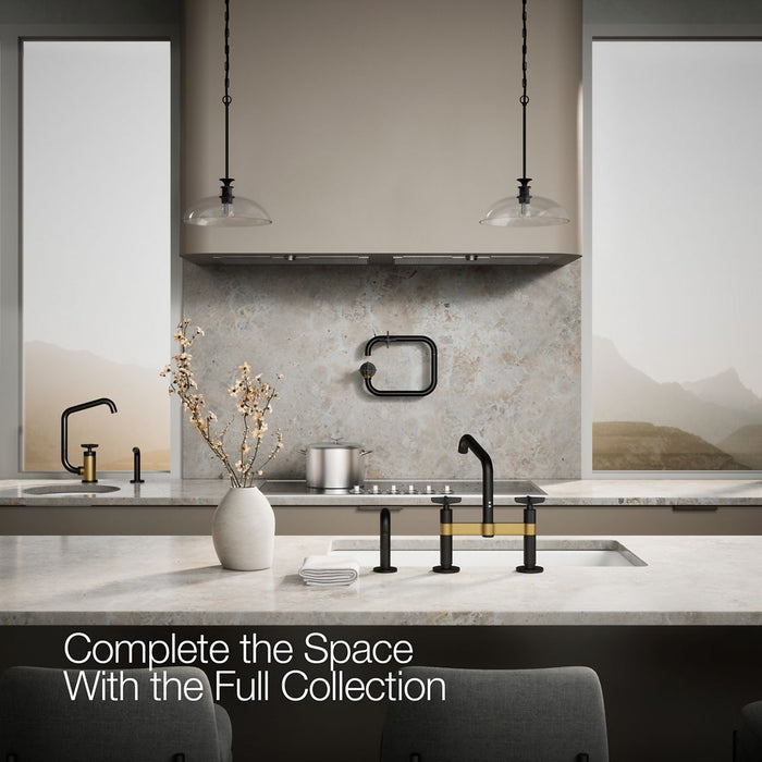 KOHLER K-28665-3 Billet Two-hole bridge kitchen sink faucet with side sprayer, matte black with brushed moderne brass -...