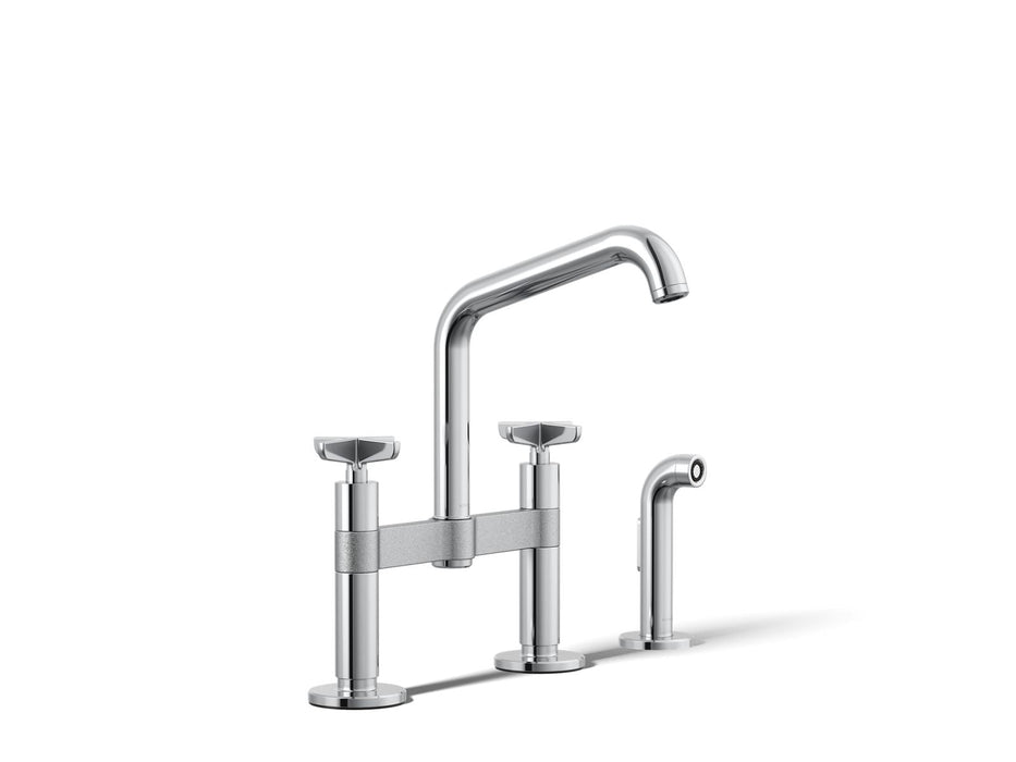 KOHLER K-28665-3 Billet Two-hole bridge kitchen sink faucet with side sprayer, polished chrome