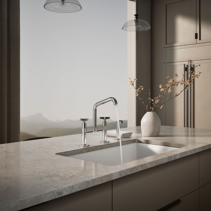 KOHLER K-28665-3 Billet Two-hole bridge kitchen sink faucet with side sprayer, polished chrome - view 4