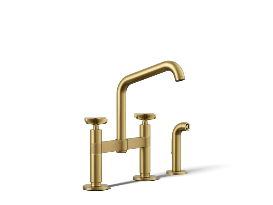 KOHLER K-28665-3 Billet Two-hole bridge kitchen sink faucet with side sprayer, vibrant brushed moderne brass